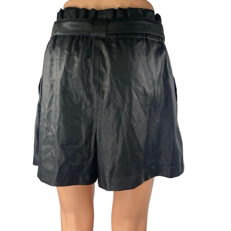 Zara Women's Black High Rise Tie Waist Faux Leather Vegan Paperbag Shorts Size M
