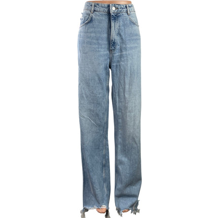 Zara Womens Blue High Rise Raw Frayed Hem Straight Leg Denim Jeans Pants Size 10