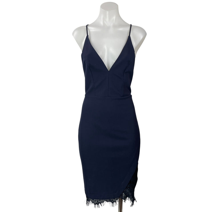 ASTR The Label Navy Blue Black Lace Trim Sleeveless V Neck Mini Bodycon Dress S