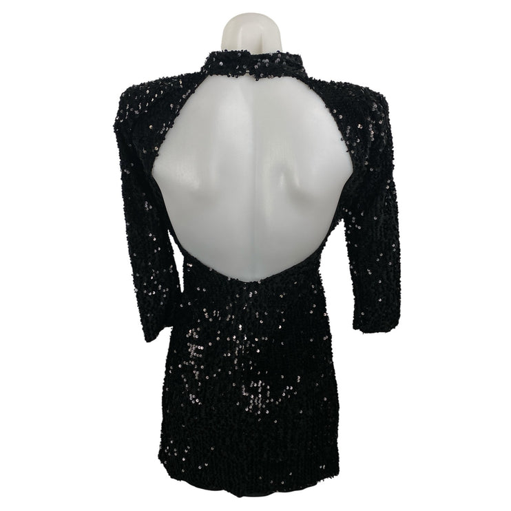 Zara Black Sequin Sparkly Mock Neck Backless Long Sleeve Mini Sheath Dress Sz XS