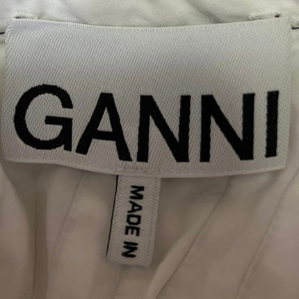 Ganni White Pintucked Ruffle Mock Neck Back Button Up Babydoll Blouse Top Size 8