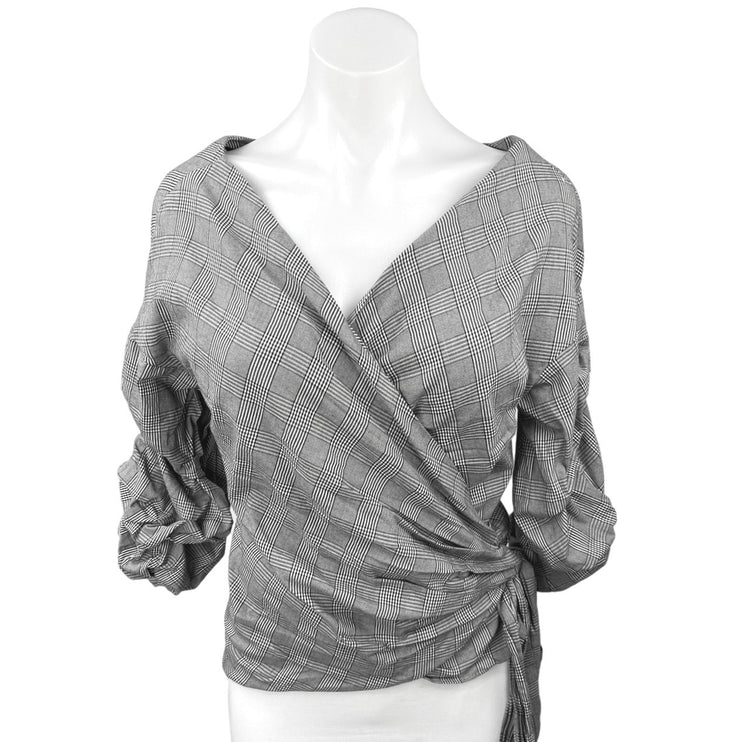 Zara Woman Gray Houndstooth Plaid 3/4 Sleeve V Neck Wrap Blouse Top Size L