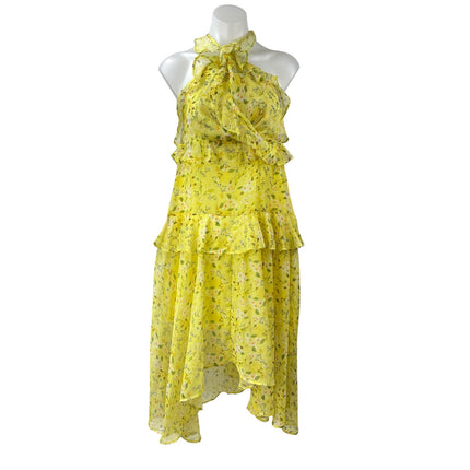 Aqua Yellow Floral Ruffled Silk Sleeveless Halter Neck Zip Midi A-Line Dress Size M
