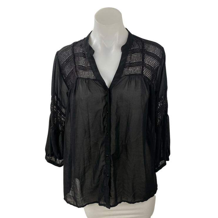 Vila Women's Black Lace Eyelet Long Sleeve Mesh Button Down Blouse Top Size M