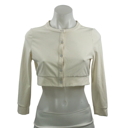 WeWoreWhat Women's Cream Crew Neck Long Sleeve Stretch Button Up Crop Top Size M