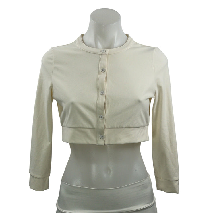 WeWoreWhat Women's Cream Crew Neck Long Sleeve Stretch Button Up Crop Top Size M