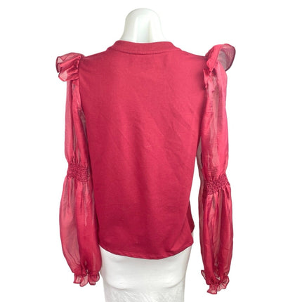 Anthropologie Women's Red Ruffled Long Puff-Sleeve Organza Knit Blouse Top Sz M