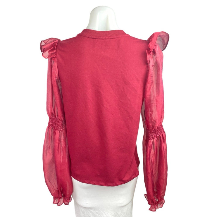 Anthropologie Women's Red Ruffled Long Puff-Sleeve Organza Knit Blouse Top Sz M