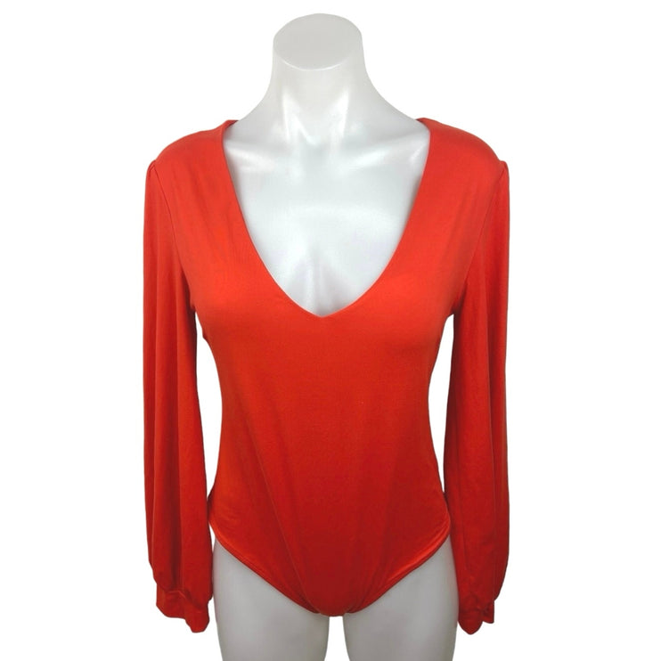 Reoria Women's Red Long Sleeve Stretchy Cuffed One Piece Bodysuit Top Size L