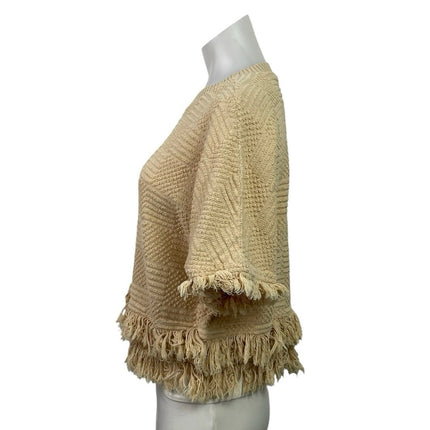 Zara Cream Beige Knit Textured Fringe Crew Neck Boho Short Sleeve Sweater Size M