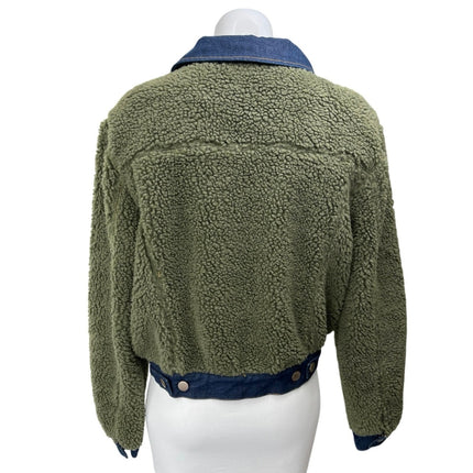 Brooklyn Karma Green Blue Denim Sherpa Fleece Collar Button Down Coat Jacket M