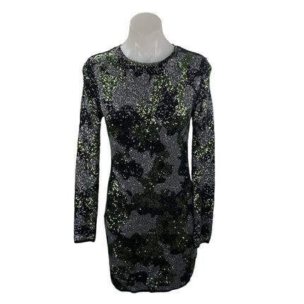 Zara Black Green Camo Sequin Sparkly Long Sleeve Crew Neck Mini Bodycon Dress M