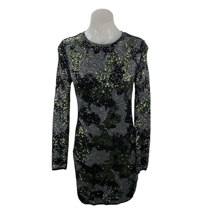 Zara Black Green Camo Sequin Sparkly Long Sleeve Crew Neck Mini Bodycon Dress M