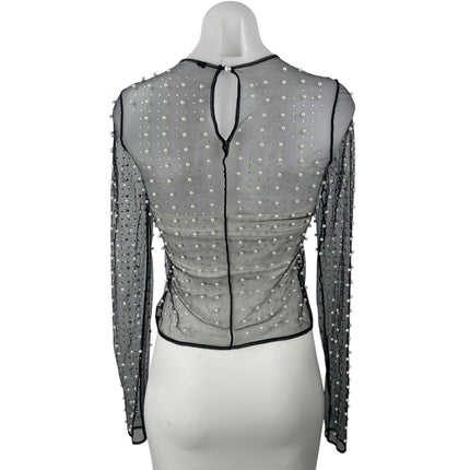 Women's Black Mesh Sheer Pearl Beaded Embellished Long Sleeve Crop Top Size S