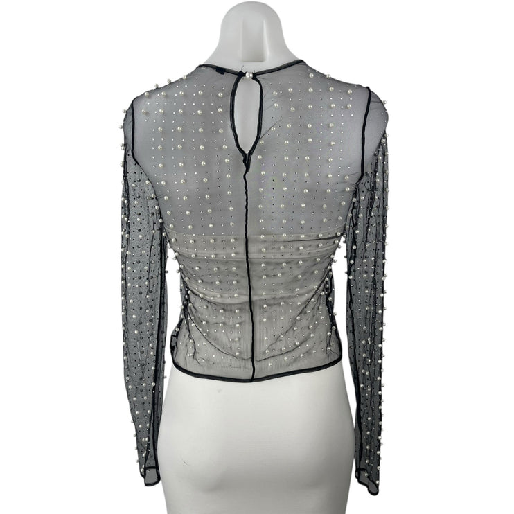 Women's Black Mesh Sheer Pearl Beaded Embellished Long Sleeve Crop Top Size S