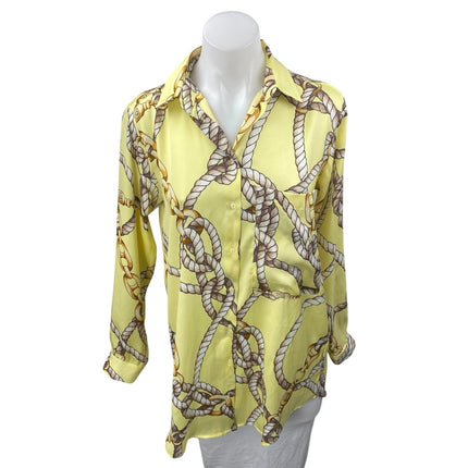 Zara Women's Yellow Silky Satin Rope Print Long Sleeve Button Down Shirt Size XS