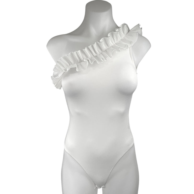 H&M Women's White One Shoulder Ruffle Stretch Sleeveless Bodysuit Top Size XS