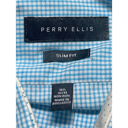 Perry Ellis Men's Blue Checkered Slim Long Sleeve Button Down Shirt Top 16 1/2