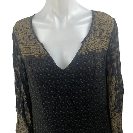 Free People Black Beige Floral Long Bell Sleeve V Neck Mini Tunic Dress Size XS
