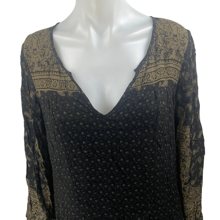 Free People Black Beige Floral Long Bell Sleeve V Neck Mini Tunic Dress Size XS
