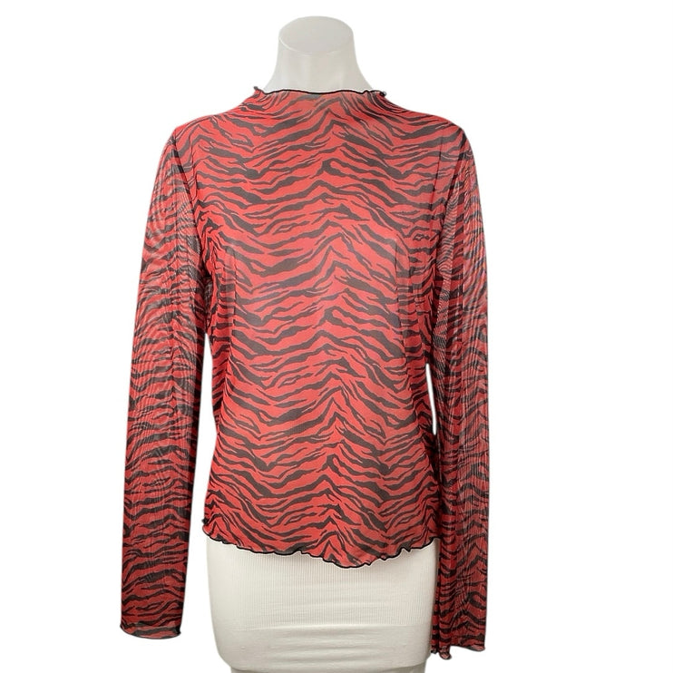 Zara Women's Red Black Zebra Animal Print Sheer Long Sleeve Blouse Top Size L