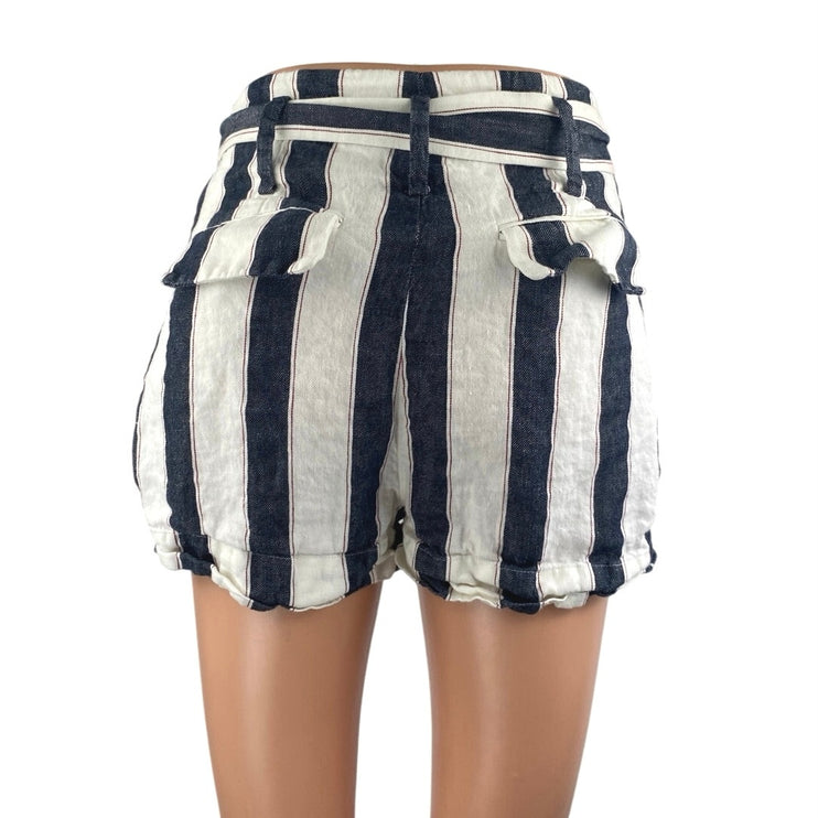 Frame 100% Linen Navy White Striped High Waisted Belted Mini Wide Leg Shorts 0