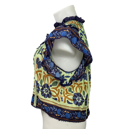 FARM Rio Ocean Tapestry Green Blue Sleeveless Floral Ruffles Blouse Top Sz XL