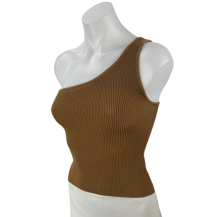 Aritzia Babaton Tan Sculpt One Shoulder Ribbed Knit Sleeveless Blouse Top Size S