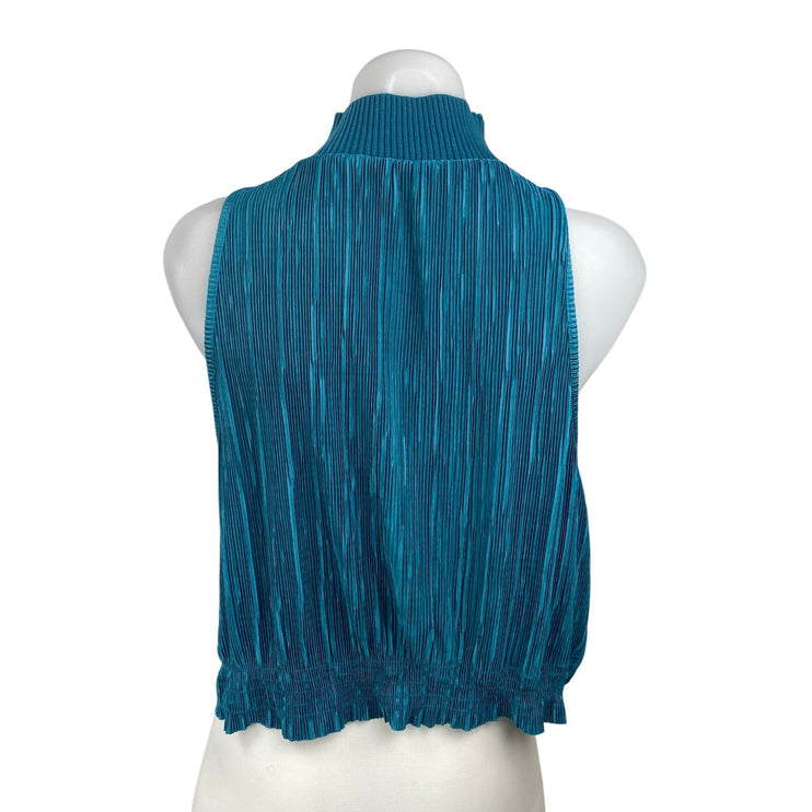 Zara Women's Blue Pleated Knit Plisse Turtleneck Sleeveless Blouse Top Size M