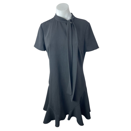 Cece Black Short Sleeve Bow Tie Neck Ruffle Flounce Mini Flare A-Line Dress Sz 8