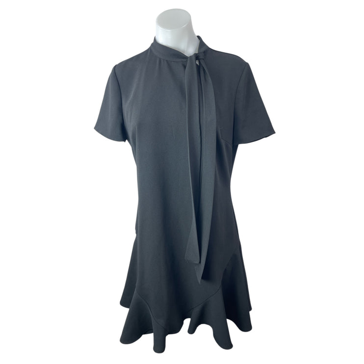 Cece Black Short Sleeve Bow Tie Neck Ruffle Flounce Mini Flare A-Line Dress Sz 8