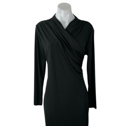 H&M Black Long Sleeve Faux Wrap V Neck Stretch Formal Midi Sheath Dress Size L