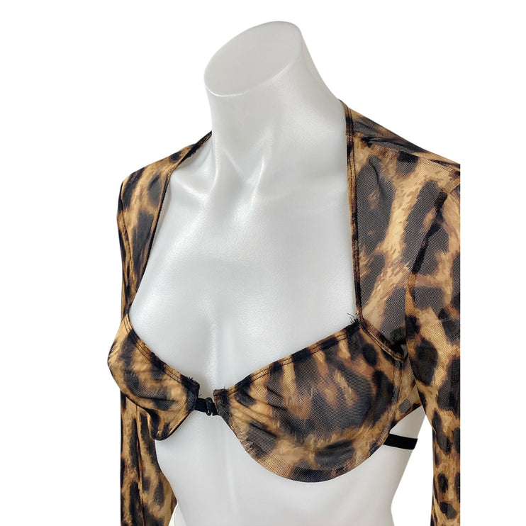 Edikted Women's Leopard Print Mesh Sheer Long Sleeve Bolero Shrug Bra Top Size M