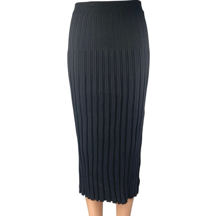O.Vianca Black Rib Knit High Waist Slit Pull On Midi Straight Pencil Skirt Sz S