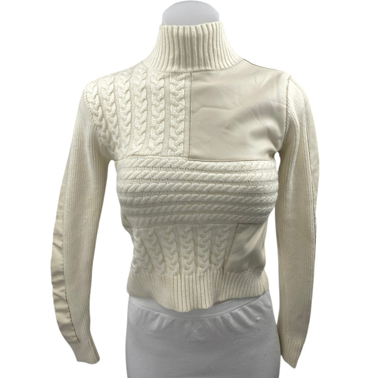 Central Park West Cream White Cable Knit Turtleneck Long Sleeve Crop Sweater XS