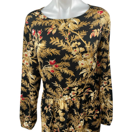H&M Black Gold Floral Leaf Long Sleeve Tiered Ruffle Maxi Sheath Dress Size L