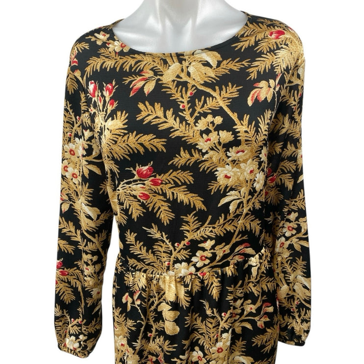 H&M Black Gold Floral Leaf Long Sleeve Tiered Ruffle Maxi Sheath Dress Size L