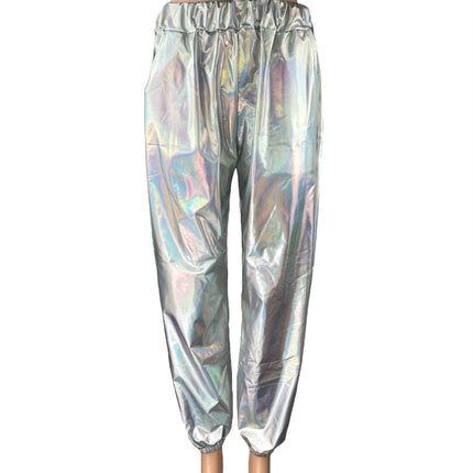 Women's Silver Metallic Irredescent Glossy Tapered High Waist Jogger Pants Sz L