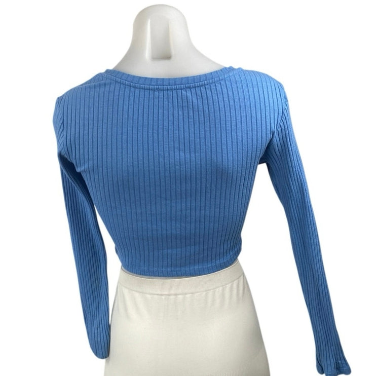 Zara Women's Blue Ribbed Knit Boat Neck Long Sleeve Crop Basic Tee T-Shirt Top S