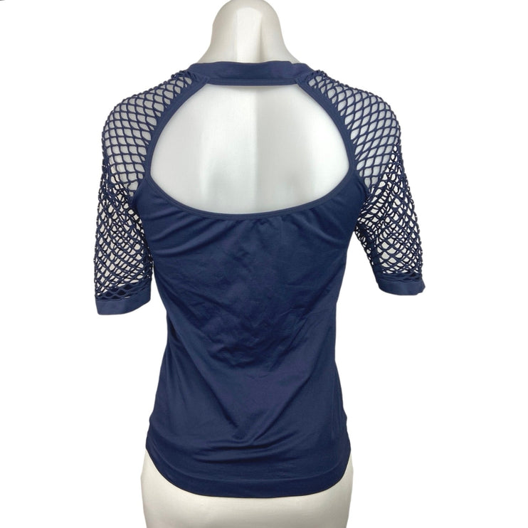 Venus Blue V Neck Cutout Back Eyelet Half Sleeve Solid Pullover Blouse Top Sz M