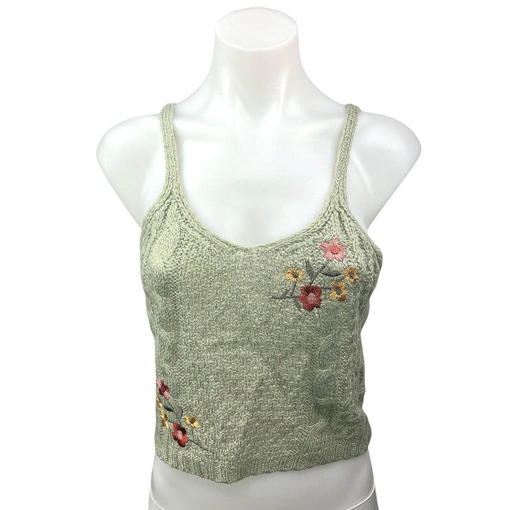 Crave Fame Green Open Knit Crochet Embroidered Floral Crop Camisole Tank Top S