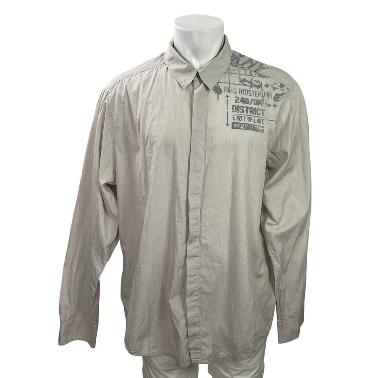 DKNY Jeans Men's Gray Long Sleeve Graphic Cotton Button Down Shirt Top Size XXL