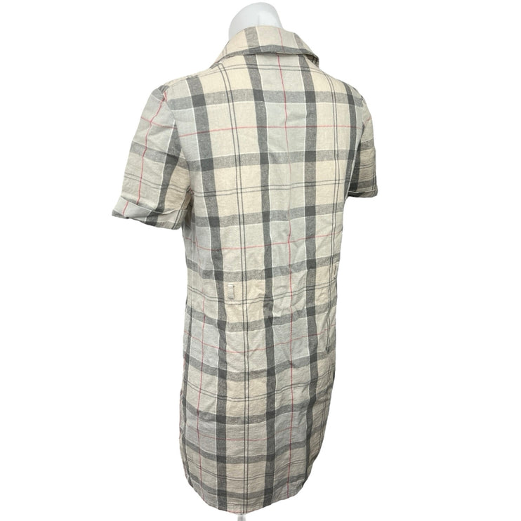 Barbour Women's Linen Cream Plaid Short Sleeve Tartan Midi Shirt Dress Size 6