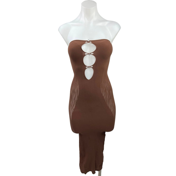 White Fox Boutique Womens Brown Cutout Strapless Bodycon Mesh Midi Dress Size OS