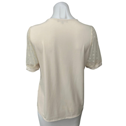 Adrianna Papell Women's Cream Floral Mesh Sleeve Round Neck Blouse Top Size S