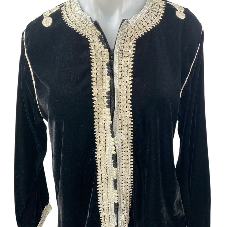 Women's Black Velvet Velour Moroccan Long Sleeve Embroidered Zip Up Blouse Top M