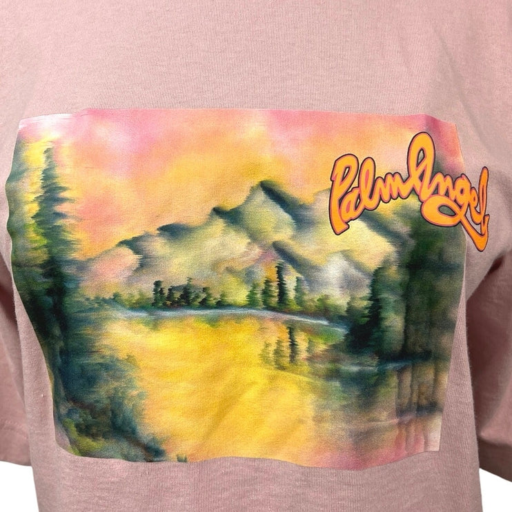 Palm Angels Women's Pink Mountains Panorama Mock Neck Boxy T Shirt Tee Top Sz XS