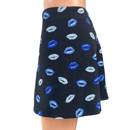 Zara Women's Black Blue Lips Graphic Print High Waist A Line Mini Skirt Size S