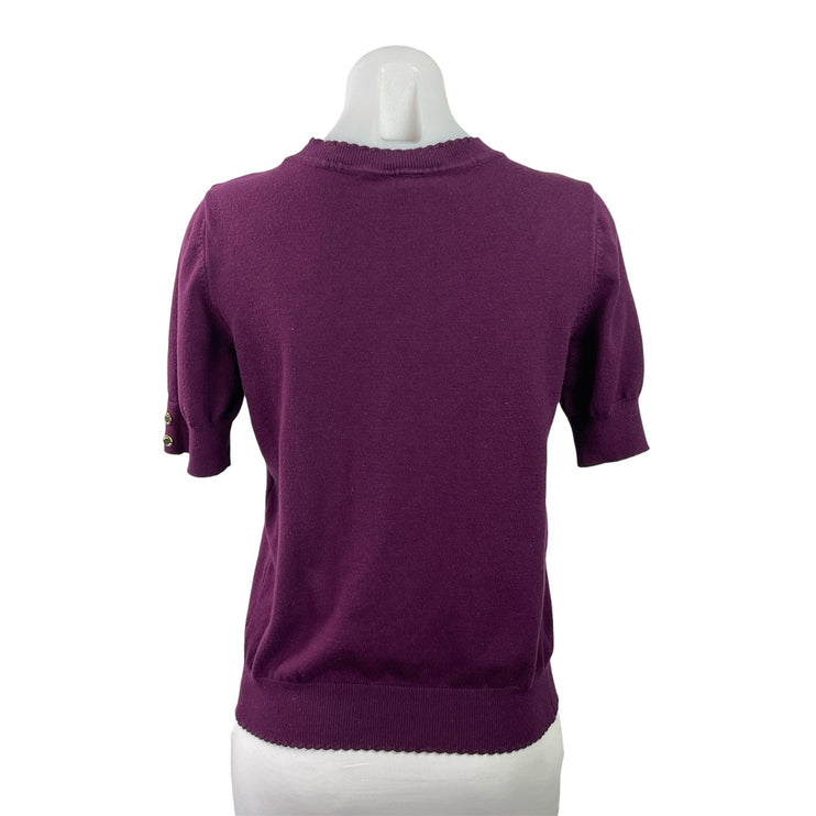 Anne Klein Women's Purple Short Sleeve Crew Neck Gold Button Sweater Top Size S