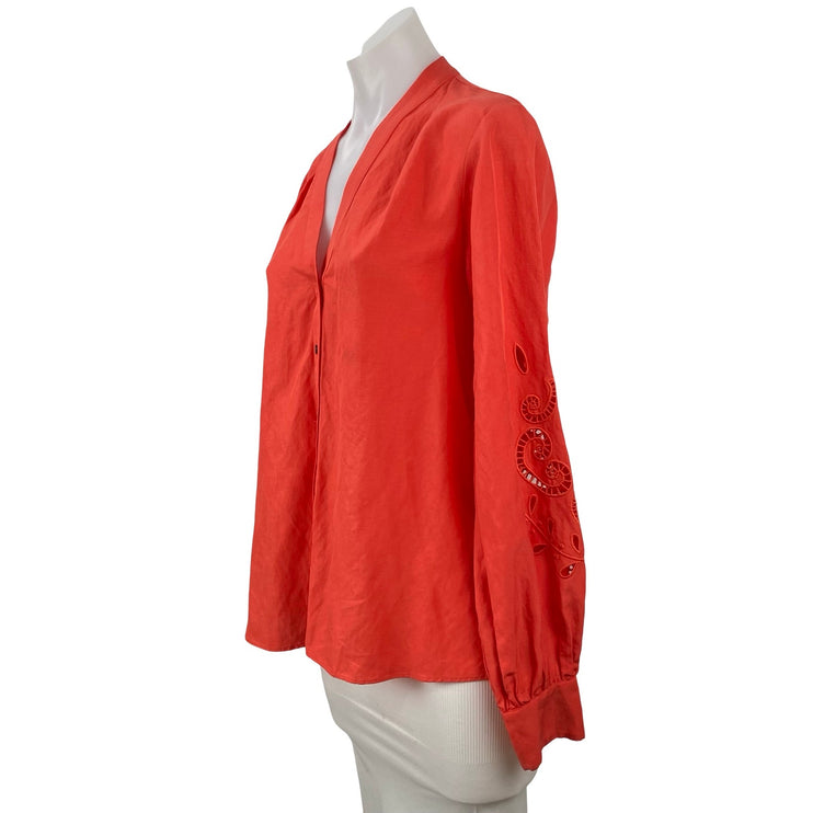Kobi Halpern Red Linen Eyelet Embroidered Long Sleeve Button Down Shirt Top S